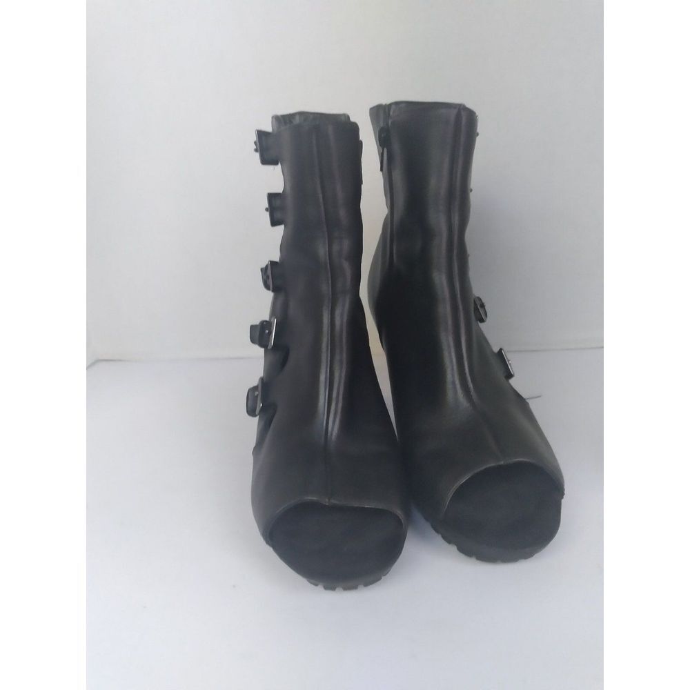 Black Leather Peep Toe Multi Buckle Cutout Block Heel Ankle Boots Lug Sole